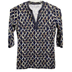 J. McLaughlin Navy Diamond V-Neck Catalina Cloth Tunic Top Sz L  Mature Luxury